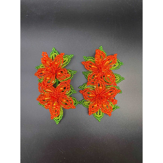 Pair (2) of Small Tapamoños Tembleques Beaded Flower Pearl Orange Panama Pollera Montuno Horquilla Hair Pin - Vivian Fong Designs