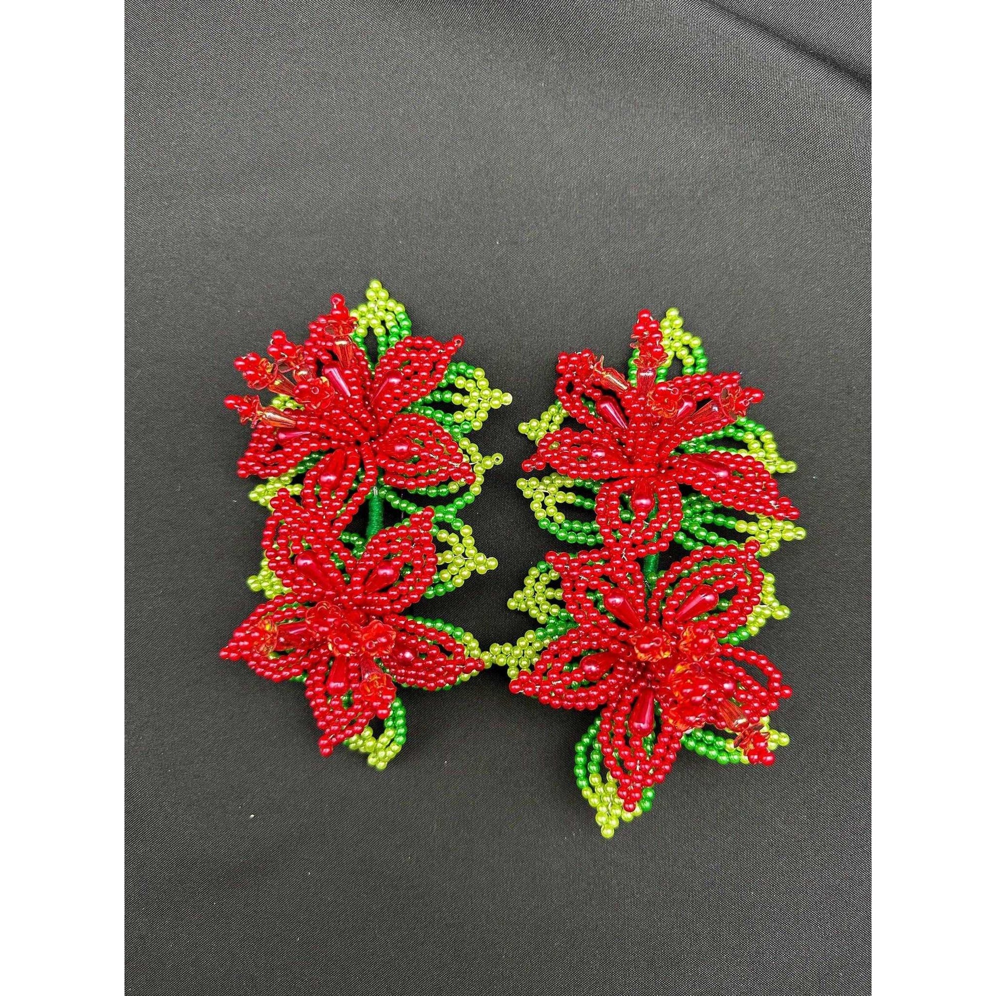 Pair (2) of Small Tapamoños Tembleques Beaded Flower Pearl Red Panama Pollera Montuno Horquilla Hair Pin - Vivian Fong Designs