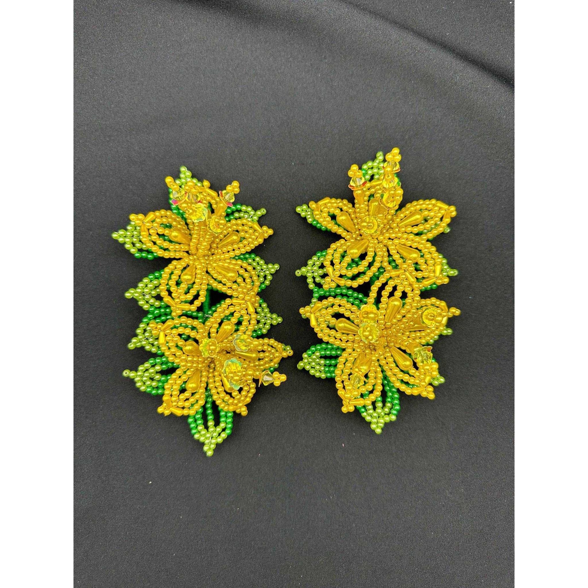 Pair (2) of Small Tapamoños Tembleques Beaded Flower Pearl Yellow Panama Pollera Montuno Horquilla Hair Pin - Vivian Fong Designs