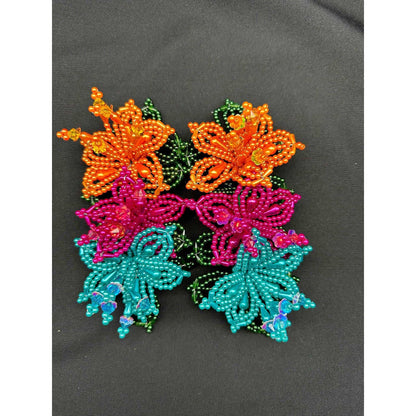 Pair (2) of Tapamoños Tembleques Colorful Beaded Flower Pearl Panama Pollera Hair Pin Orange Pink Turquoise - Vivian Fong Designs
