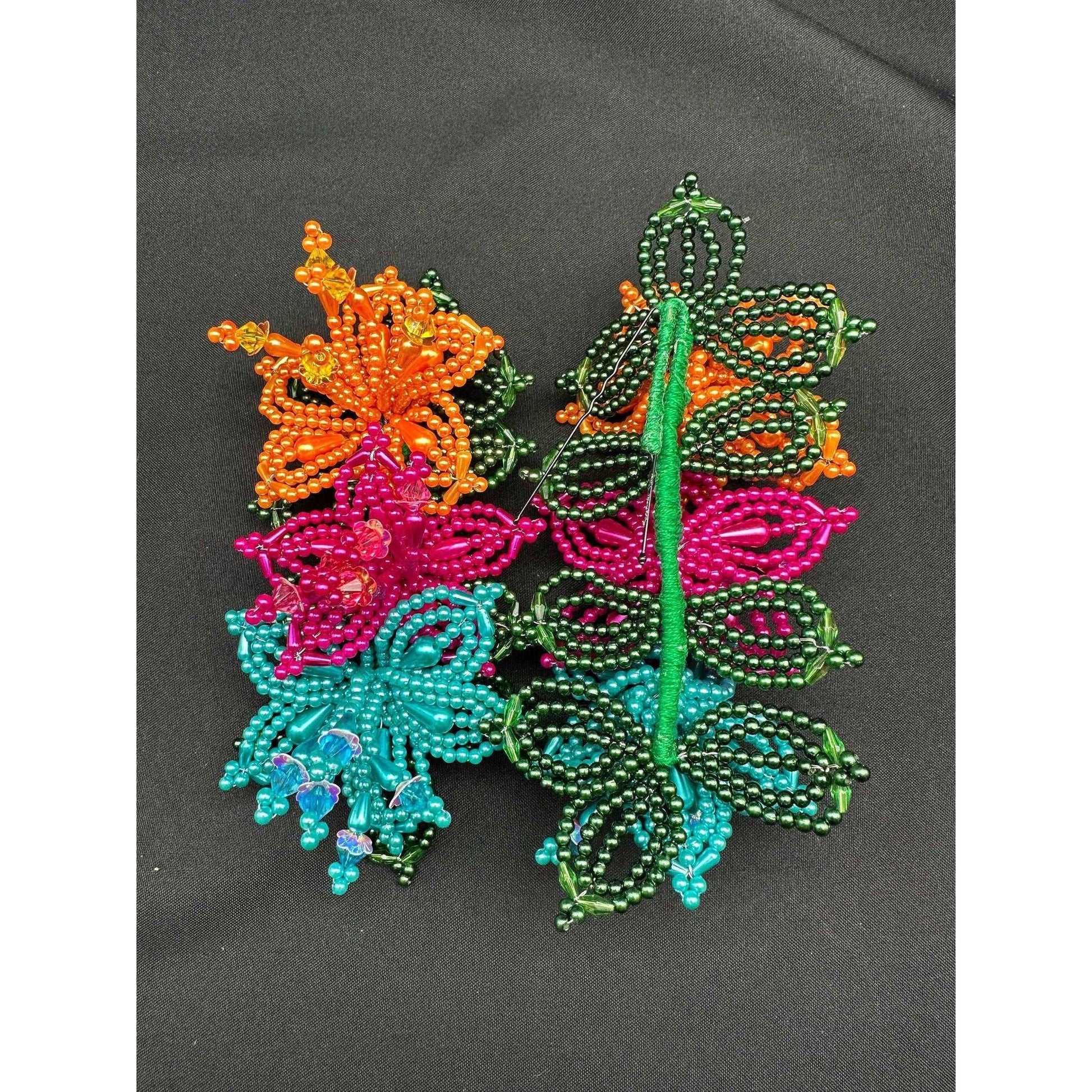Pair (2) of Tapamoños Tembleques Colorful Beaded Flower Pearl Panama Pollera Hair Pin Orange Pink Turquoise - Vivian Fong Designs