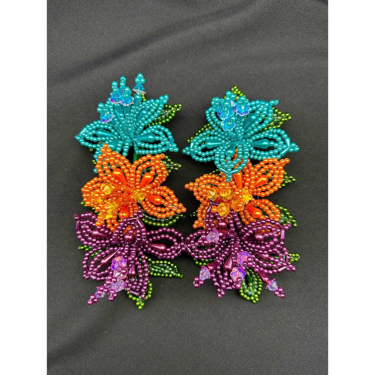 Pair (2) of Tapamoños Tembleques Colorful Beaded Flower Pearl Panama Pollera Hair Pin Turquoise Orange Purple - Vivian Fong Designs