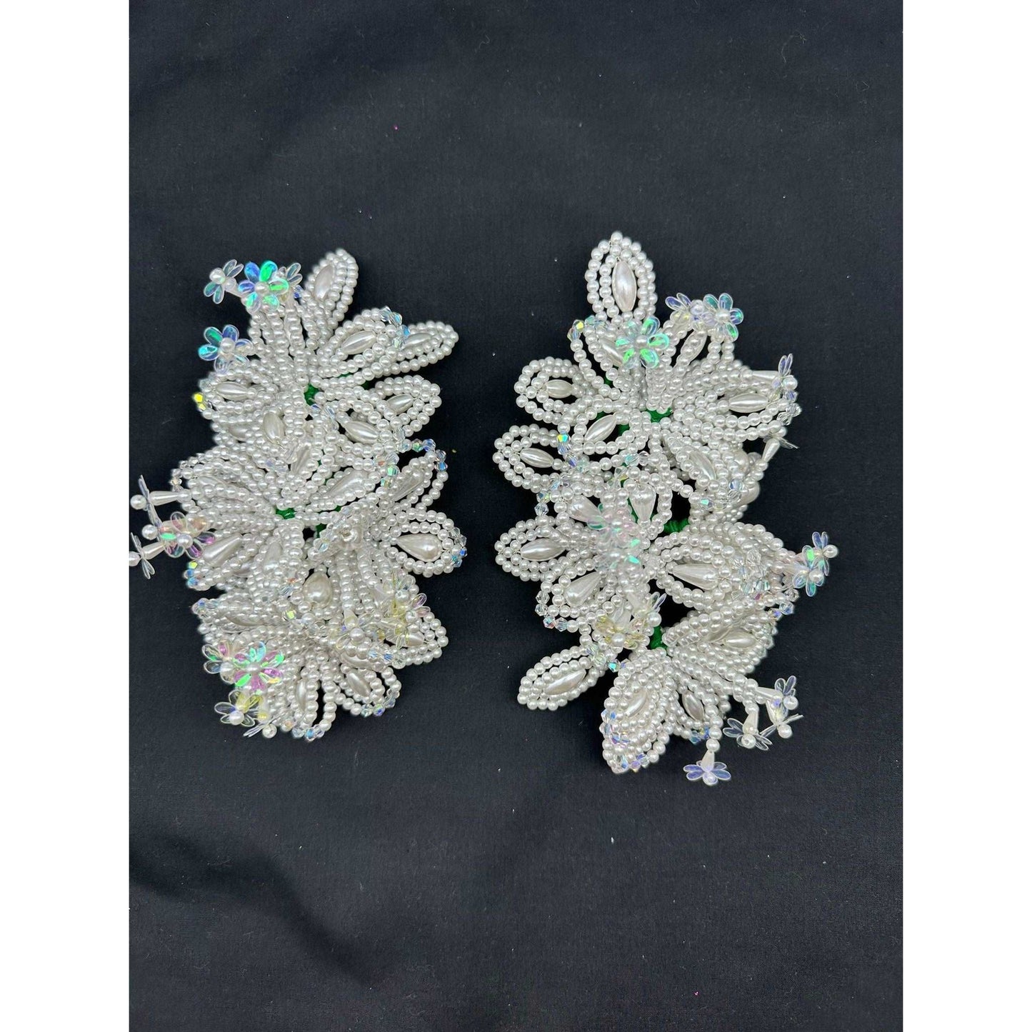 Pair (2) of Tapamoños Tembleques Luxury White Tornasol Beaded Flower Pearl Panama Pollera Hair Pin 0.4mm Pearl Murano Crystals - Vivian Fong Designs