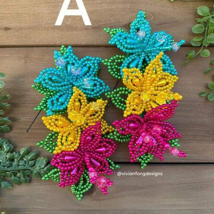 Pair of Colorful Pearl Tembleques - 3 Flowers Design - VivianFongDesignsLLC