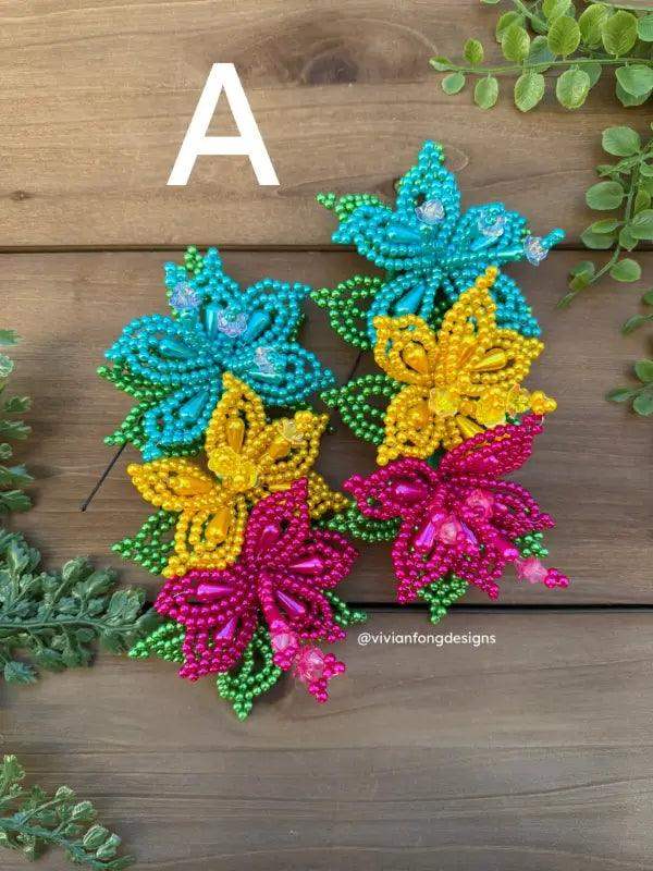 Pair of Colorful Pearl Tembleques - 3 Flowers Design - VivianFongDesignsLLC