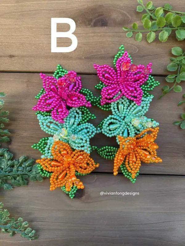 Pair of Colorful Pearl Tembleques - 3 Flowers Design - VivianFongDesignsLLC