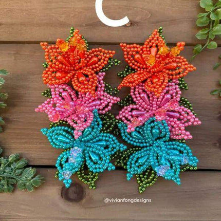 Pair of Colorful Pearl Tembleques - 3 Flowers Design - VivianFongDesignsLLC