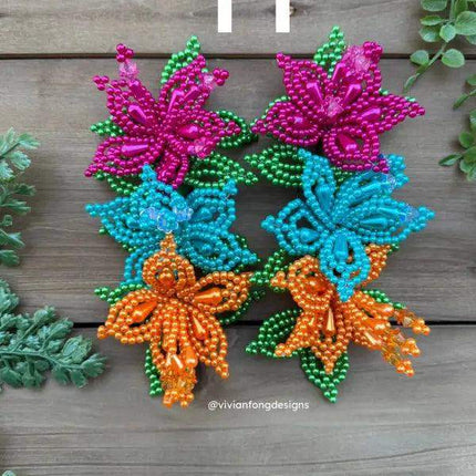 Pair of Colorful Pearl Tembleques - 3 Flowers Design - VivianFongDesignsLLC