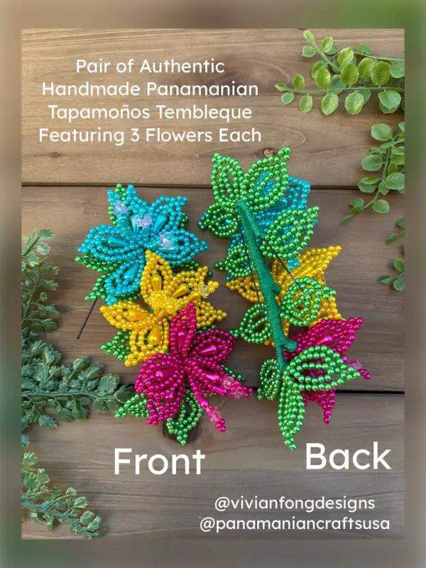 Pair of Colorful Pearl Tembleques - 3 Flowers Design - VivianFongDesignsLLC