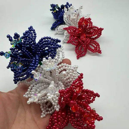 Pair of Tapamoños Flower Pearl Hair Pins - Red, White, Blue - VivianFongDesignsLLC