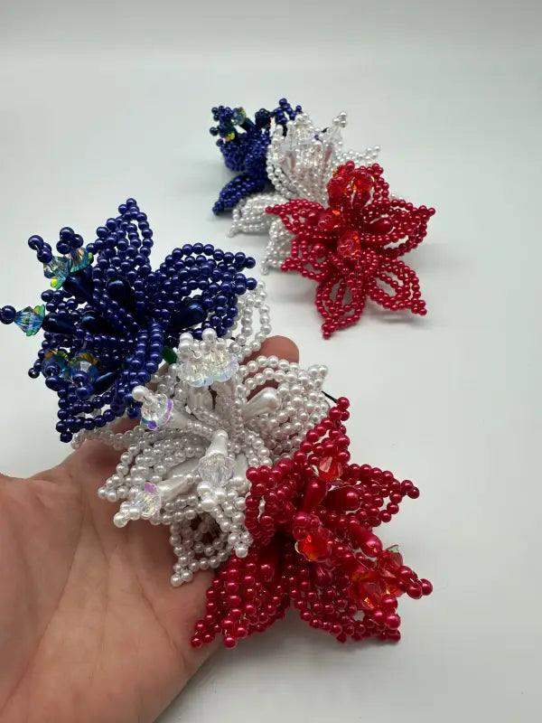 Pair of Tapamoños Flower Pearl Hair Pins - Red, White, Blue - VivianFongDesignsLLC