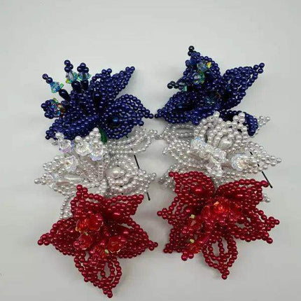 Pair of Tapamoños Flower Pearl Hair Pins - Red, White, Blue - VivianFongDesignsLLC