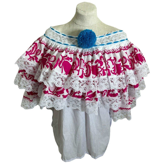 Panamanian Blouse, White with Double Ruffle, Sleeves with Pink Flower Print and Blue Pompom, Open Shoulder - Size Medium 41" - Vivian Fong Designs