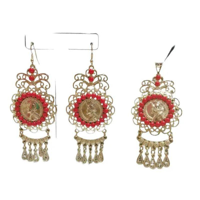 Panamanian Gold Plated Filigree Balboa Choker Set with Red Pearls - VivianFongDesignsLLC