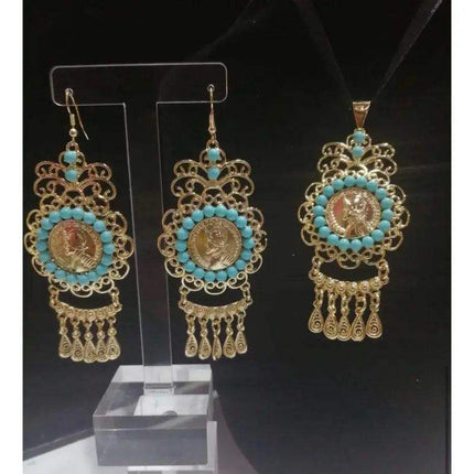 Panamanian Gold Plated Filigree Balboa Jewelry Set with Turquoise Pearls - VivianFongDesignsLLC