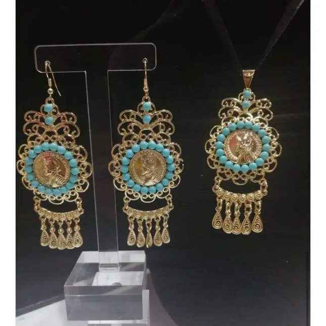 Panamanian Gold Plated Filigree Balboa Jewelry Set with Turquoise Pearls - VivianFongDesignsLLC