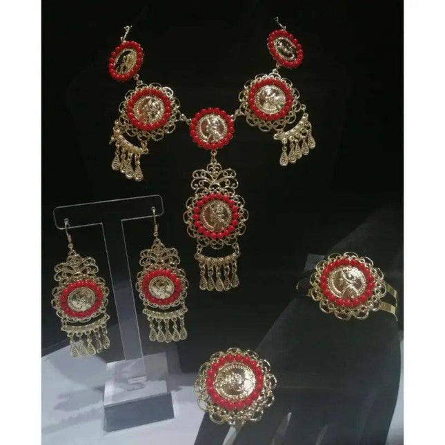 Panamanian Jewelry Set - Choker Necklace, Earrings, Bracelet & Ring Gold Plated - VivianFongDesignsLLC