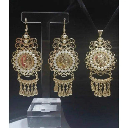 Panamanian Pollera Choker Charm & Earrings Set Gold Plated - VivianFongDesignsLLC