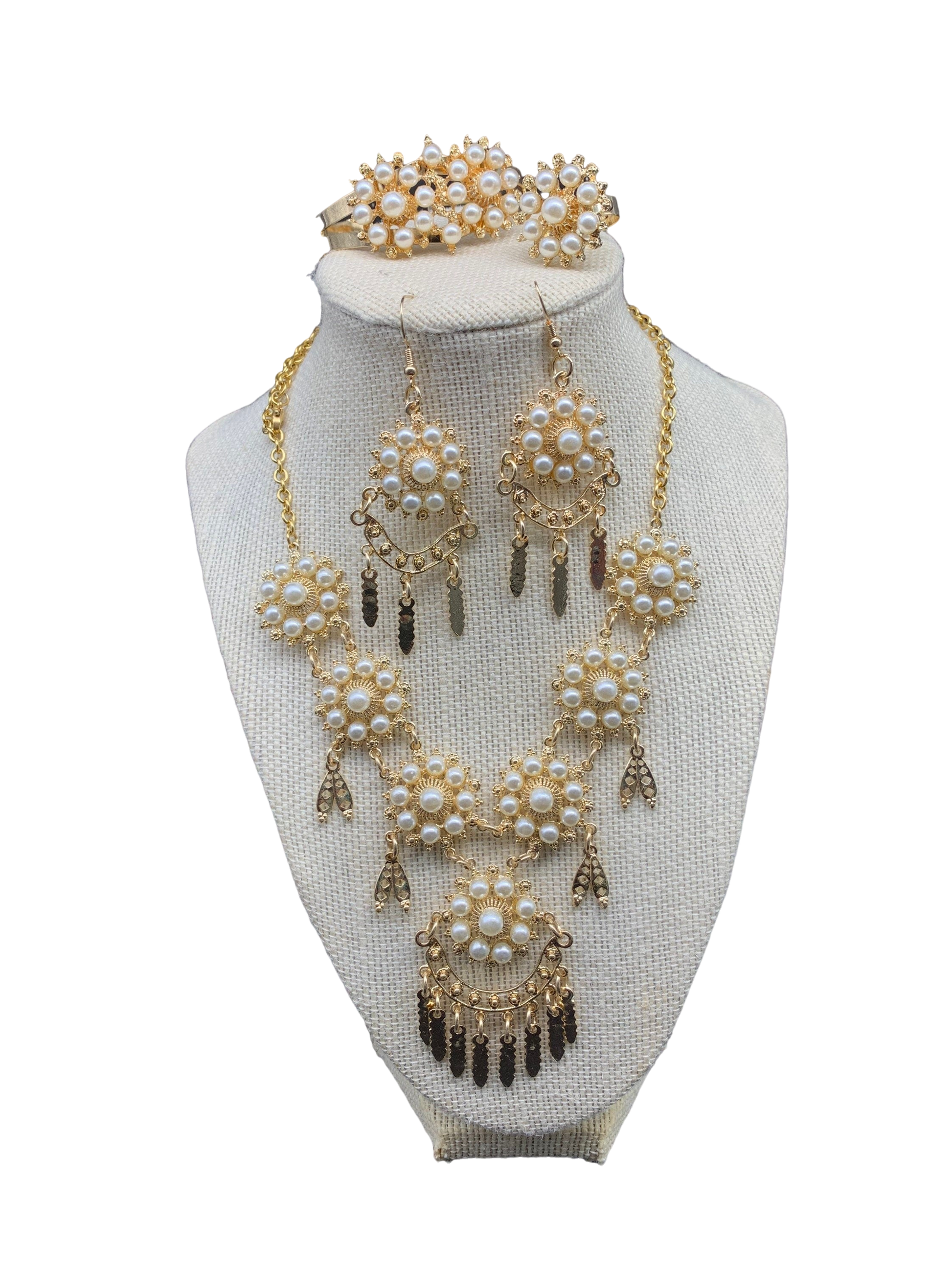 Panamanian Pollera Choker Jewelry Set - Stainless Steel Gold White02 - Vivian Fong Designs