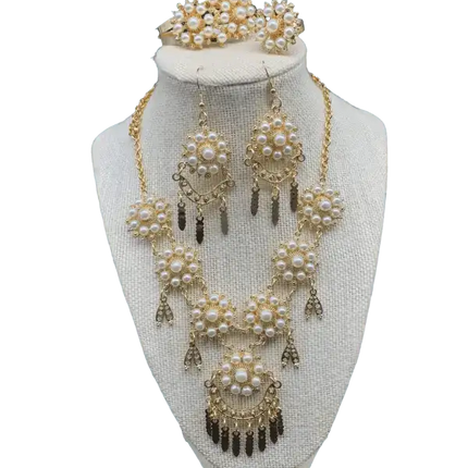 Panamanian Pollera Stainless Steel Choker Jewelry Set - Gold Plated & White - VivianFongDesignsLLC