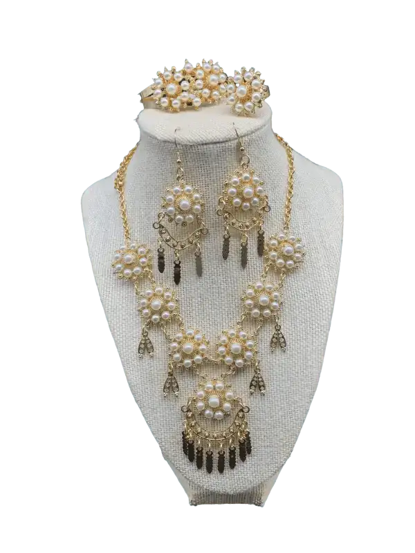 Panamanian Pollera Stainless Steel Choker Jewelry Set - Gold Plated & White - VivianFongDesignsLLC