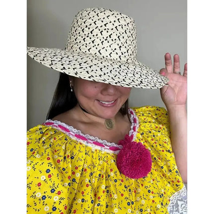 Panamanian Shirt Stylish Print Peasant Open Shoulder Blouse with PomPom - VivianFongDesignsLLC