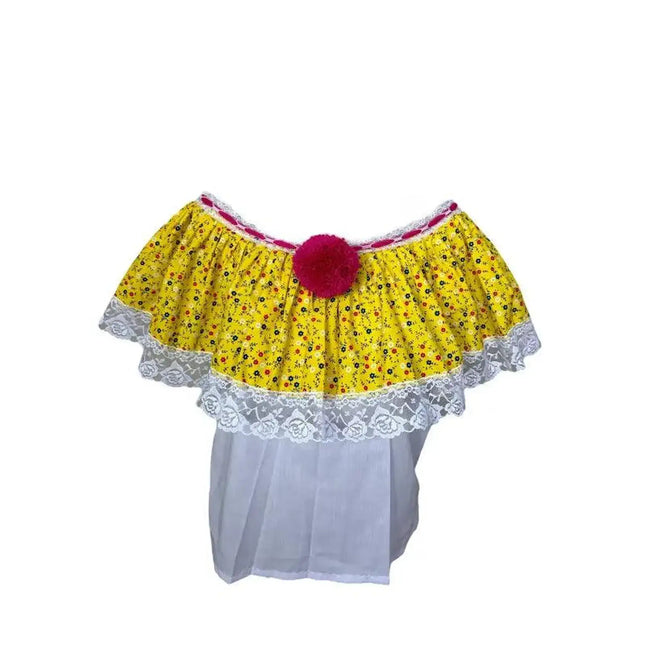 Panamanian Shirt Stylish Print Peasant Open Shoulder Blouse with PomPom - VivianFongDesignsLLC