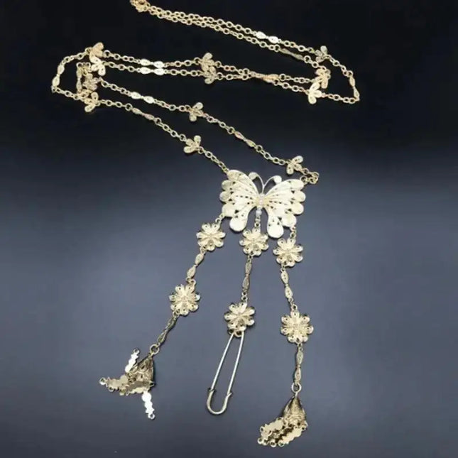 Panamanian Stainless Steel Pollera Necklace with White Lace Fan - VivianFongDesignsLLC