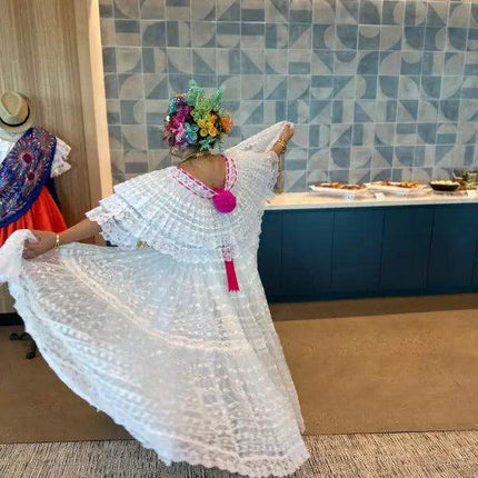 Panamanian White Organza Pollera Dress with Turquoise Pompom - VivianFongDesignsLLC