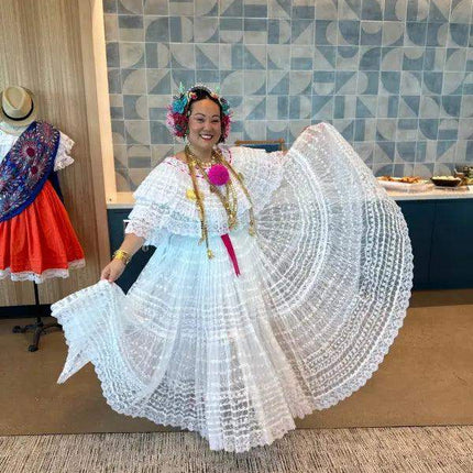 Panamanian White Organza Pollera Dress with Turquoise Pompom - VivianFongDesignsLLC