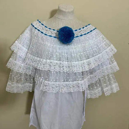 Panamanian White Organza Pollera Dress with Turquoise Pompom - VivianFongDesignsLLC