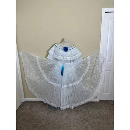 Panamanian White Organza Pollera Dress with Turquoise Pompom - VivianFongDesignsLLC