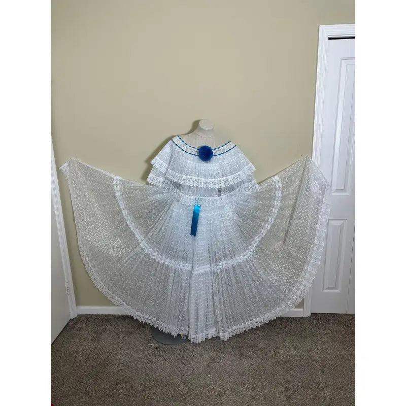 Panamanian White Organza Pollera Dress with Turquoise Pompom
