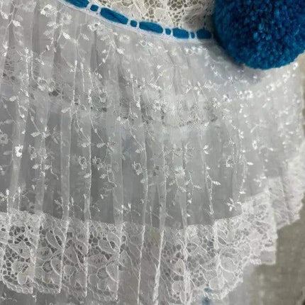 Panamanian White Organza Pollera Dress with Turquoise Pompom - VivianFongDesignsLLC