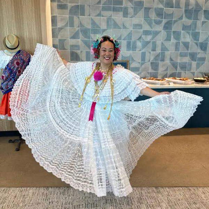 Panamanian White Organza Pollera Dress with Turquoise Pompom - VivianFongDesignsLLC