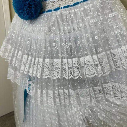 Panamanian White Organza Pollera Dress with Turquoise Pompom - VivianFongDesignsLLC