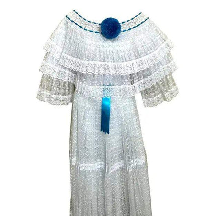Panamanian White Organza Pollera Dress with Turquoise Pompom - VivianFongDesignsLLC
