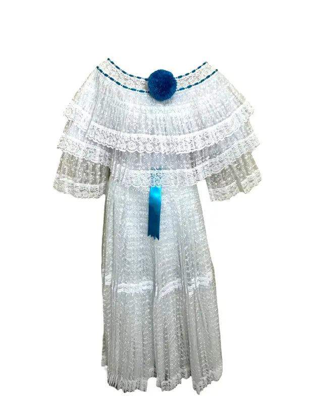 Panamanian White Organza Pollera Dress with Turquoise Pompom - VivianFongDesignsLLC