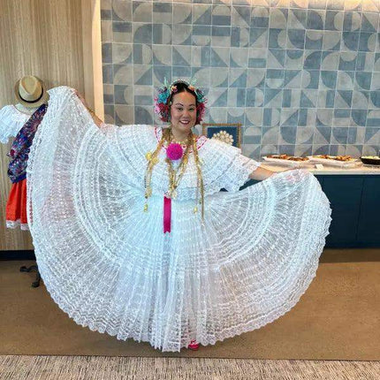 Panamanian White Organza Pollera Dress with Turquoise Pompom - VivianFongDesignsLLC