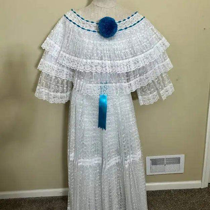 Panamanian White Organza Pollera Dress with Turquoise Pompom - VivianFongDesignsLLC