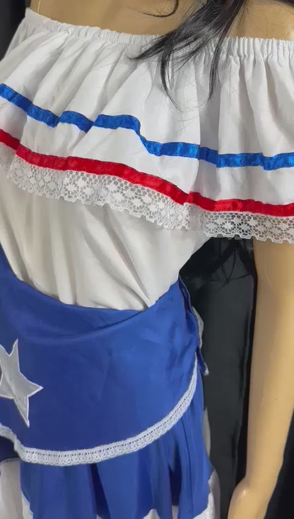 Puerto Rican Traditional Dress with Blue Flag and White Star Belt