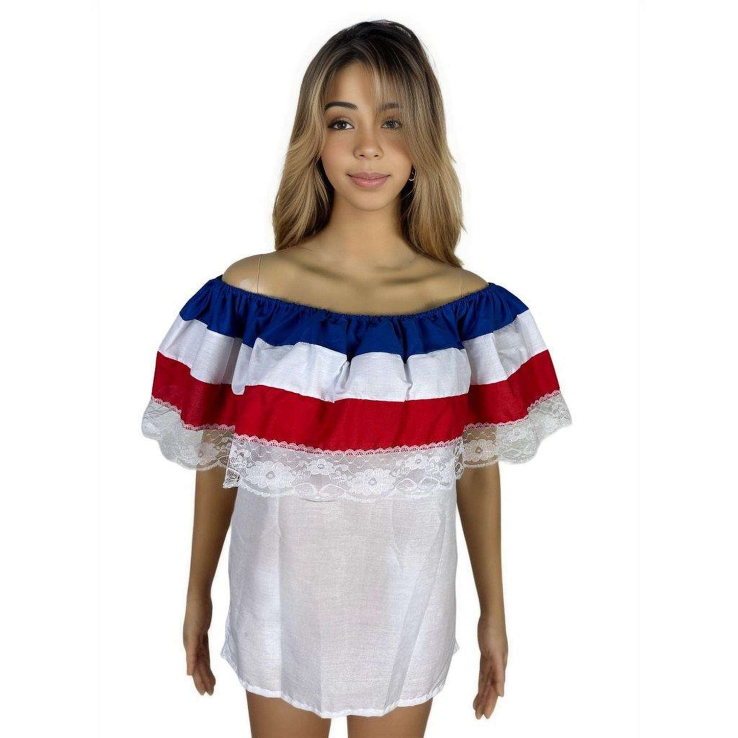 Puerto Rican, Dominican Republic, Costa Rican Blouse, White Off Shoulder with Red, White and Blue Stripes - Vivian Fong Designs