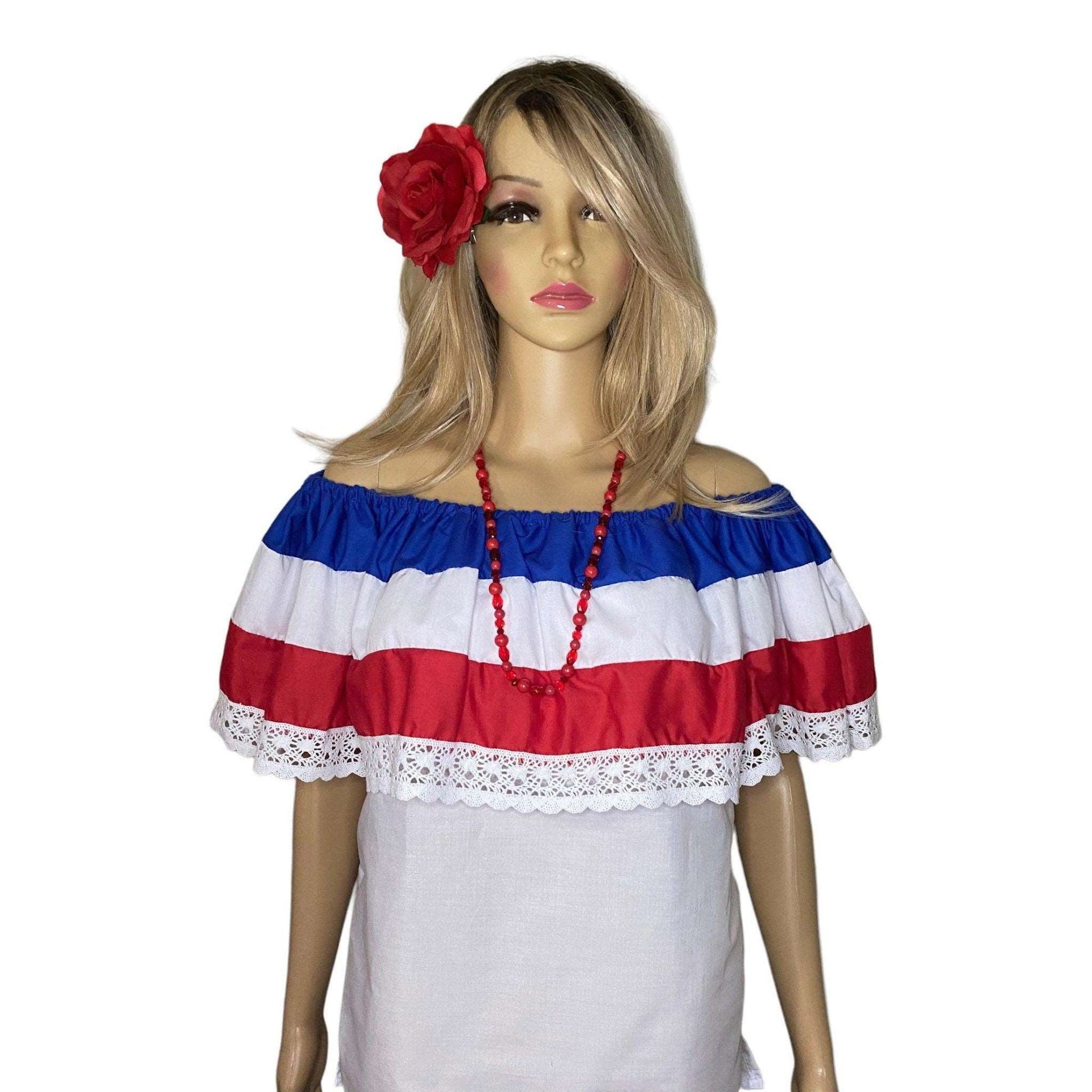 Puerto Rican, Dominican Republic, Costa Rican Blouse, White Off Shoulder with Red, White and Blue Stripes - Vivian Fong Designs