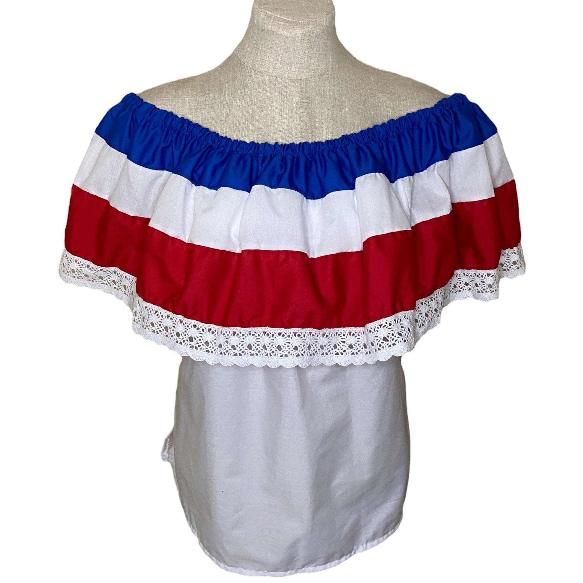 Puerto Rican, Dominican Republic, Costa Rican Blouse, White Off Shoulder with Red, White and Blue Stripes - Vivian Fong Designs