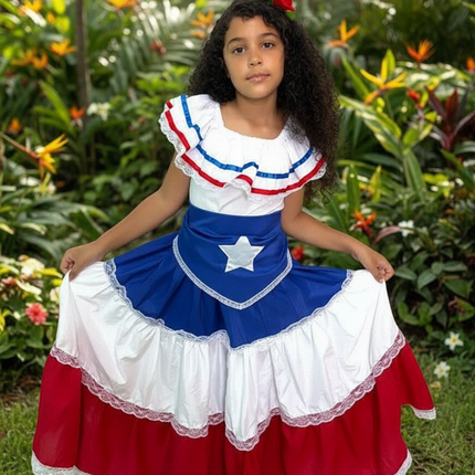 Vestido tradicional puertorriqueño para niñas con bandera y cinturón de estrellas