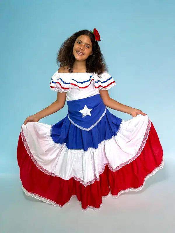 Puerto Rican Traditional Fiesta Dress for Girls with Flag & White Star Puerto Rican Traditional Fiesta Dress for Girls with Flag & White Star