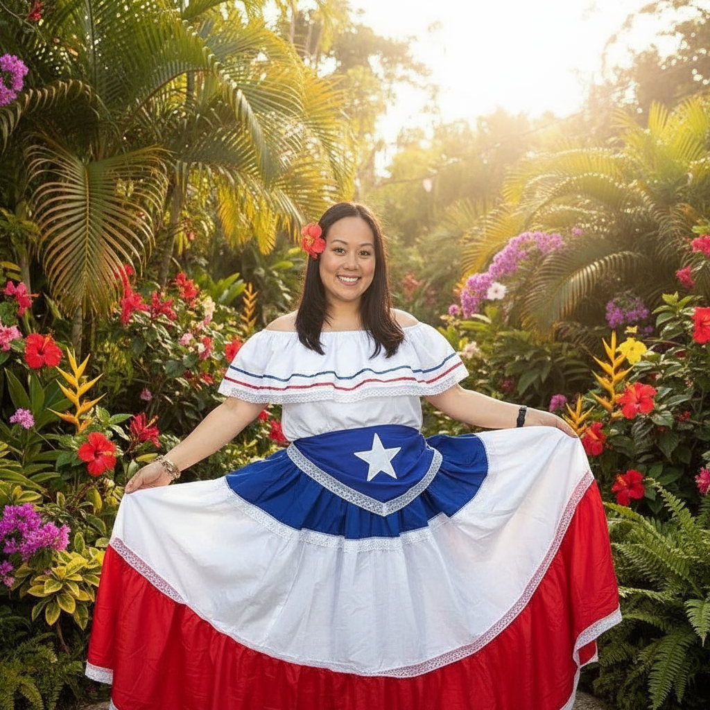 Puerto Rican Traditional Dress with Blue Flag & Star Belt – VivianFongDesignsLLC Puerto Rican Traditional Dress with Blue Flag & Star Belt – VivianFongDesignsLLC