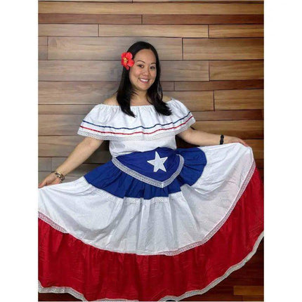 Puerto Rican Traditional Women Dress with Blue Flag & Star Belt - VivianFongDesignsLLC