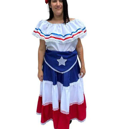 Puerto Rican Traditional Women Dress with Blue Flag & Star Belt - VivianFongDesignsLLC