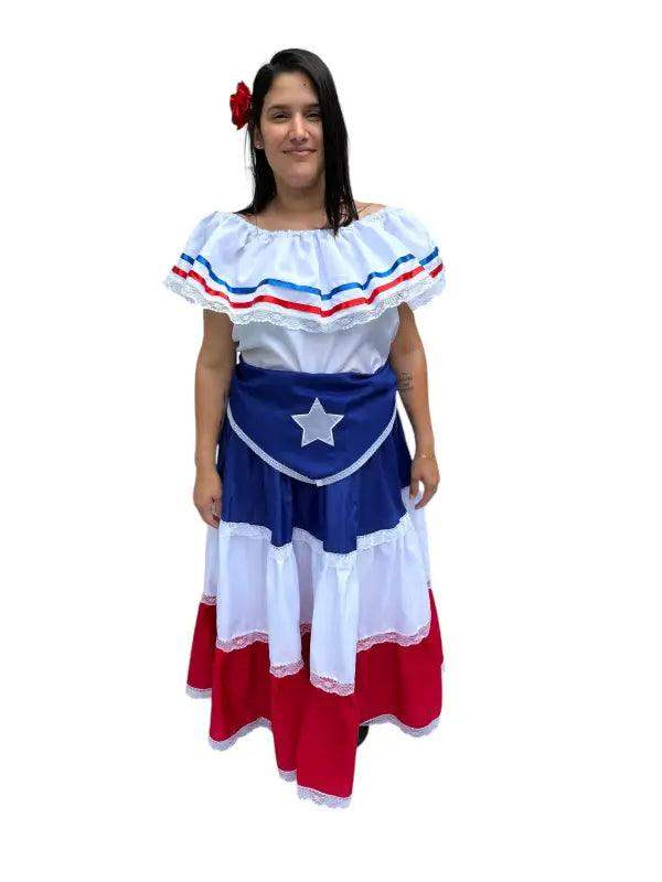 Puerto Rican Traditional Women Dress with Blue Flag & Star Belt - VivianFongDesignsLLC